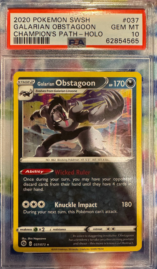 PSA 10 GEM MT 2020 Pokémon SWSH Galarian Obstagoon Holo #037 Champion's Path