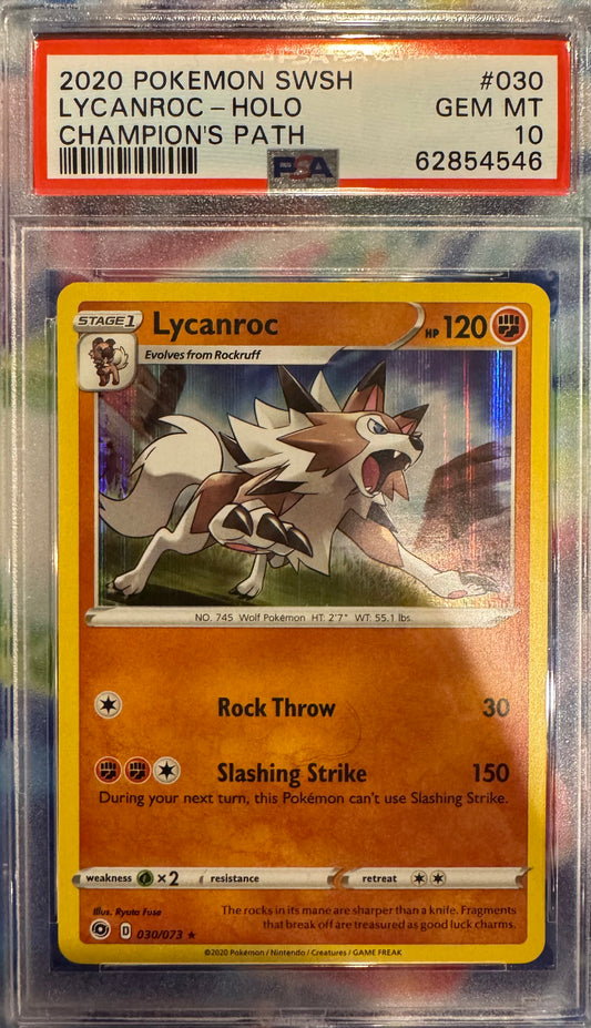 PSA 10 GEM MT 2020 Pokémon SWSH Lycanroc Holo #030 Champion's Path