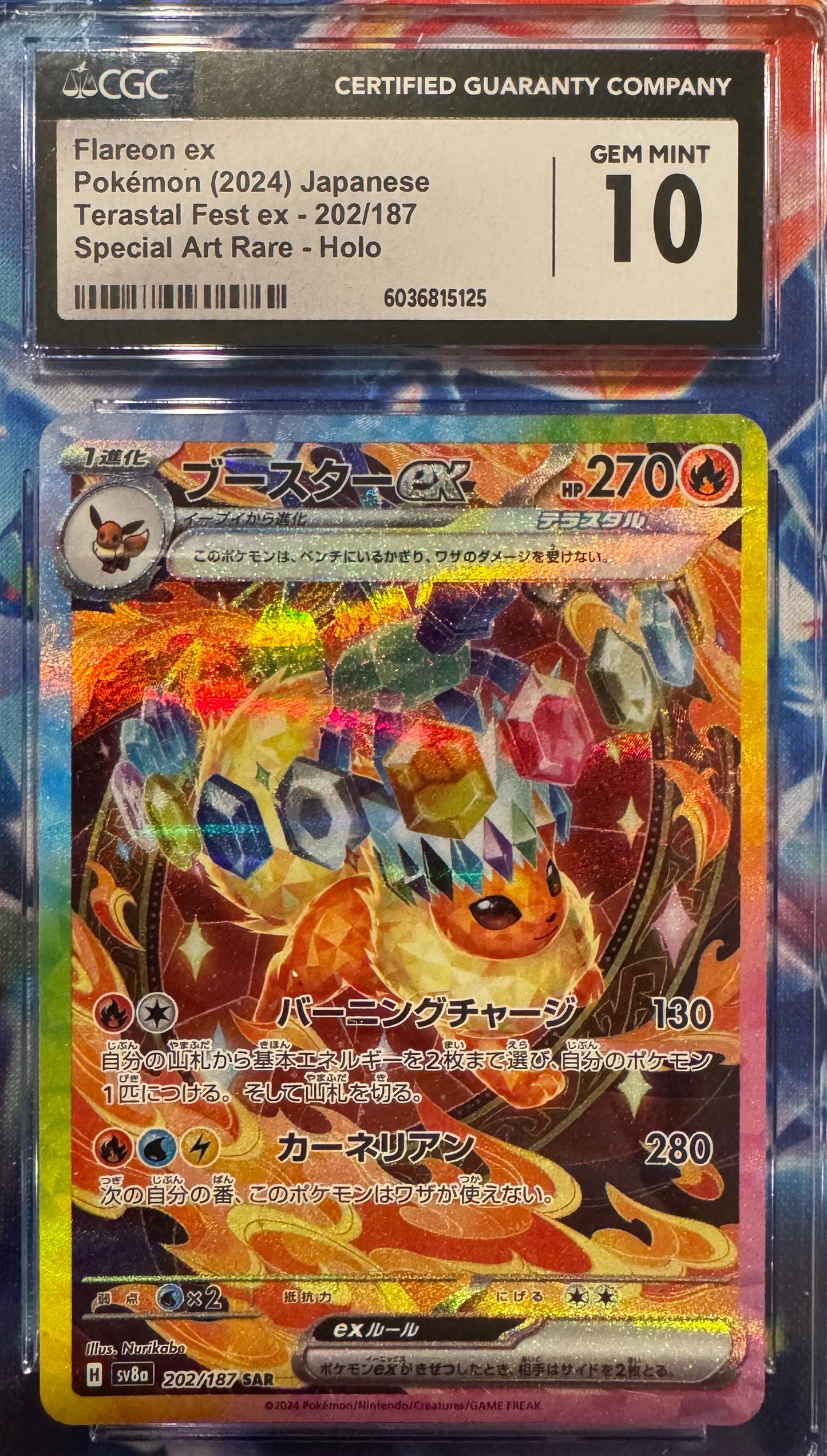 CGC 10 GEM MINT Japanese Pokémon 2024 Flareon ex 202/187 Terastal Festival Sv8a Japanese 202/187
